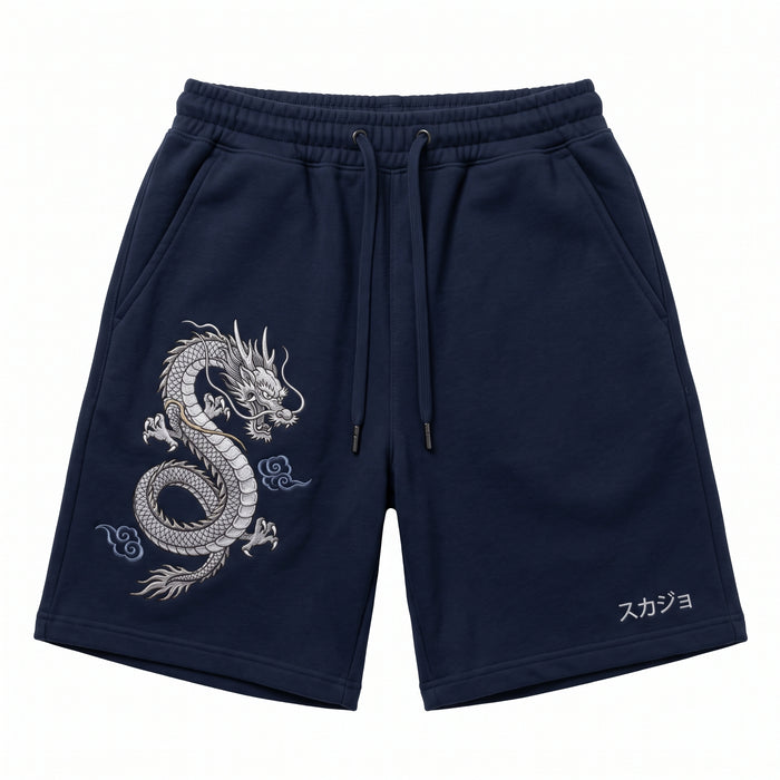 Navy dragon streetwear shorts with elastic waist and side pockets