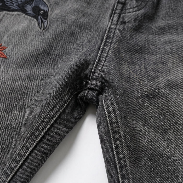 Black Japanese embroidered jeans with flying raven and maple leaves
