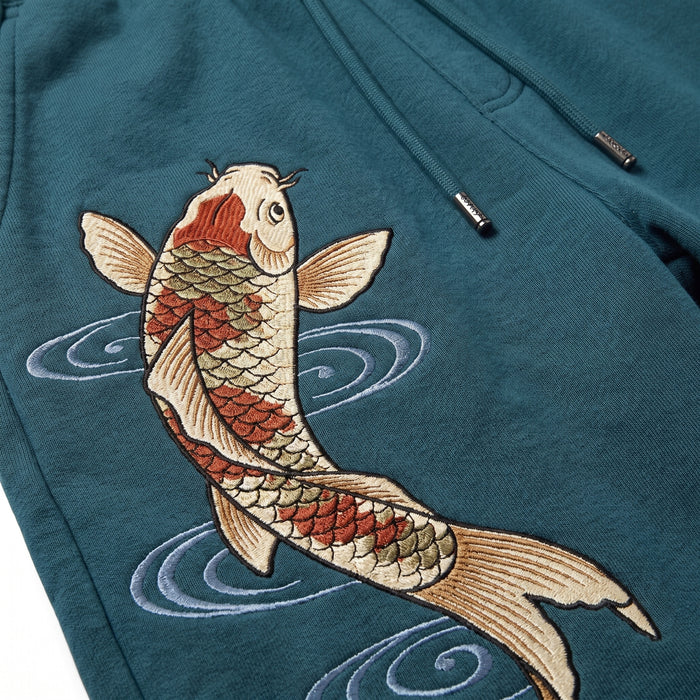 Japanese koi fish shorts with embroidered blue water ripples