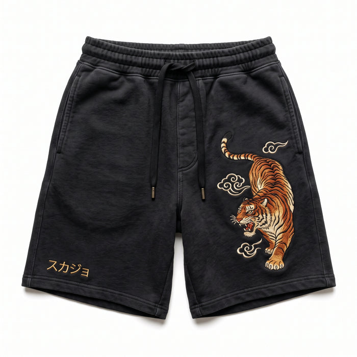 Black Sukajan shorts with orange tiger and Japanese cloud embroidery