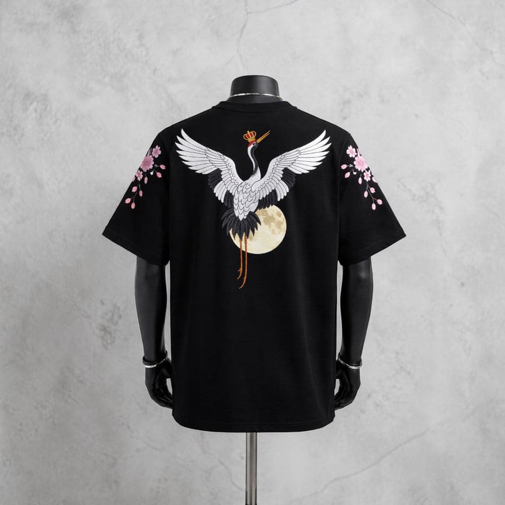 Crowned Crane Under Moonlight Black T-Shirt