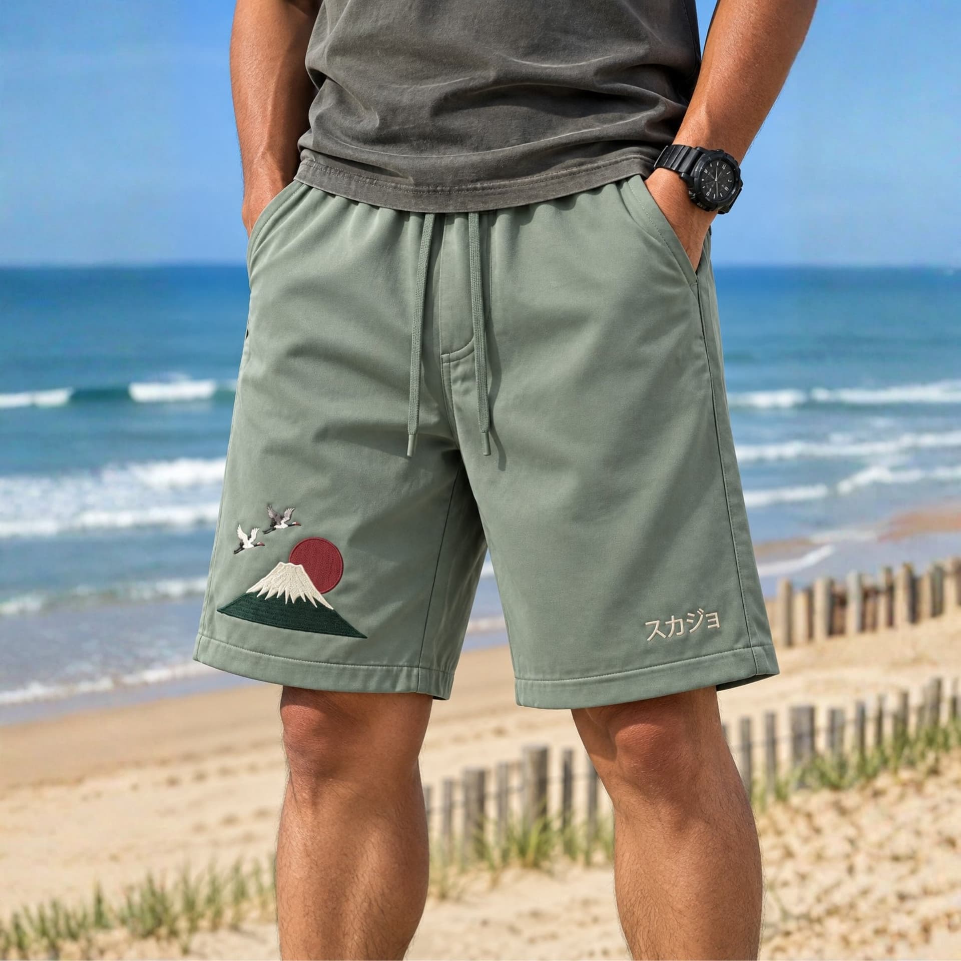 Fuji Tsuru Sukajan Embroidered Shorts