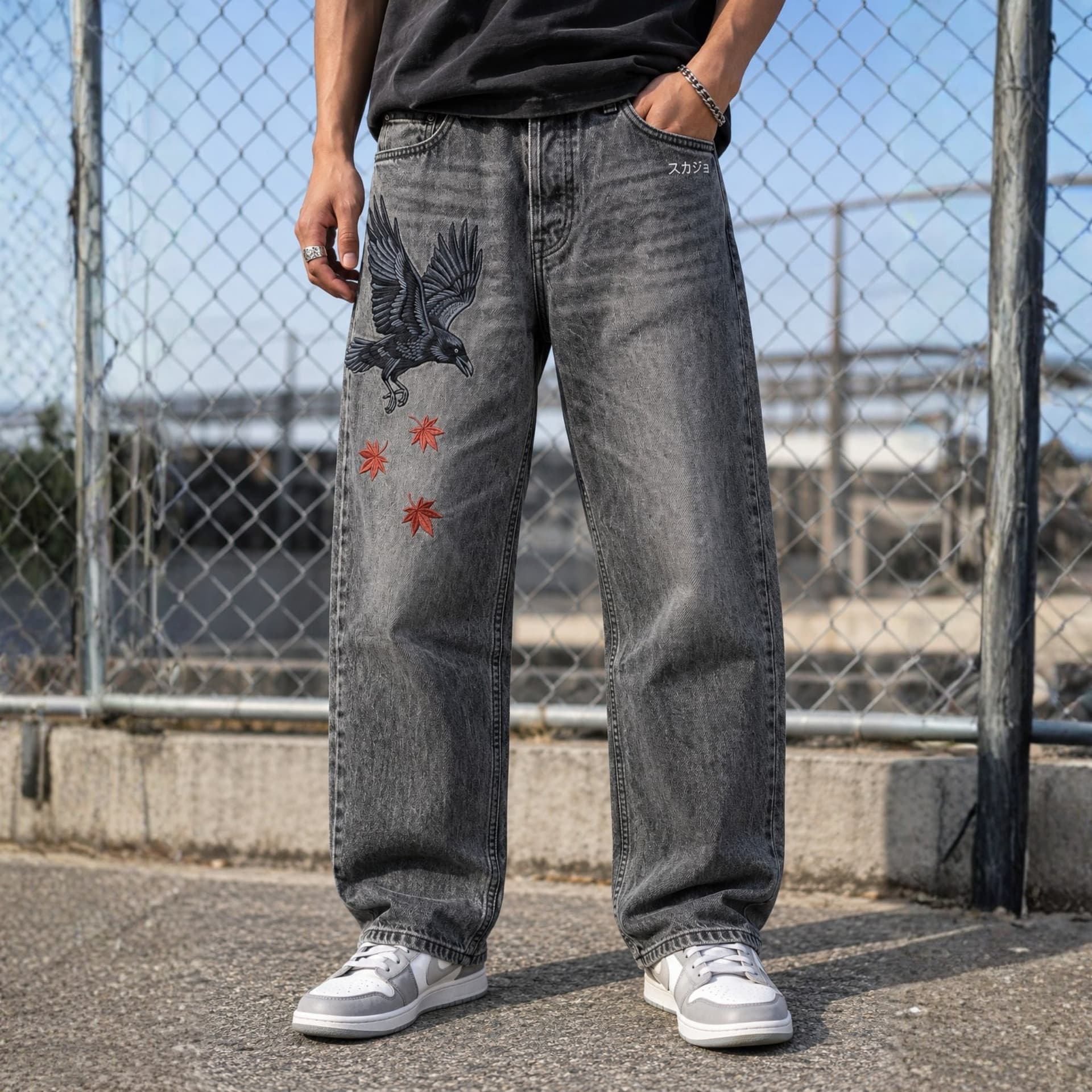 Karasu Momiji Japanese Raven Embroidered Jeans