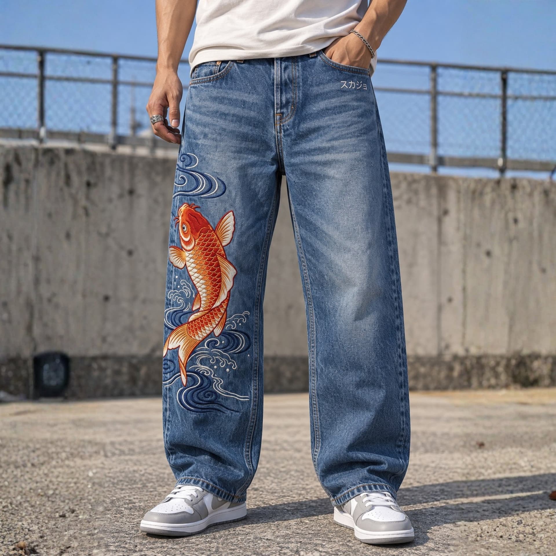 Koi Nagare Japanese Koi Fish Embroidered Jeans