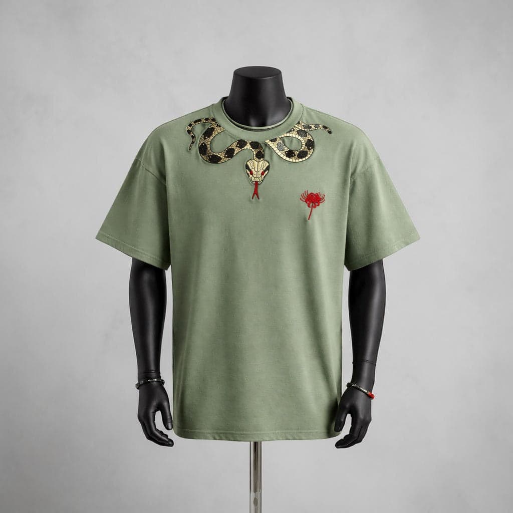 Olive Serpent Collar Embroidery T-Shirt